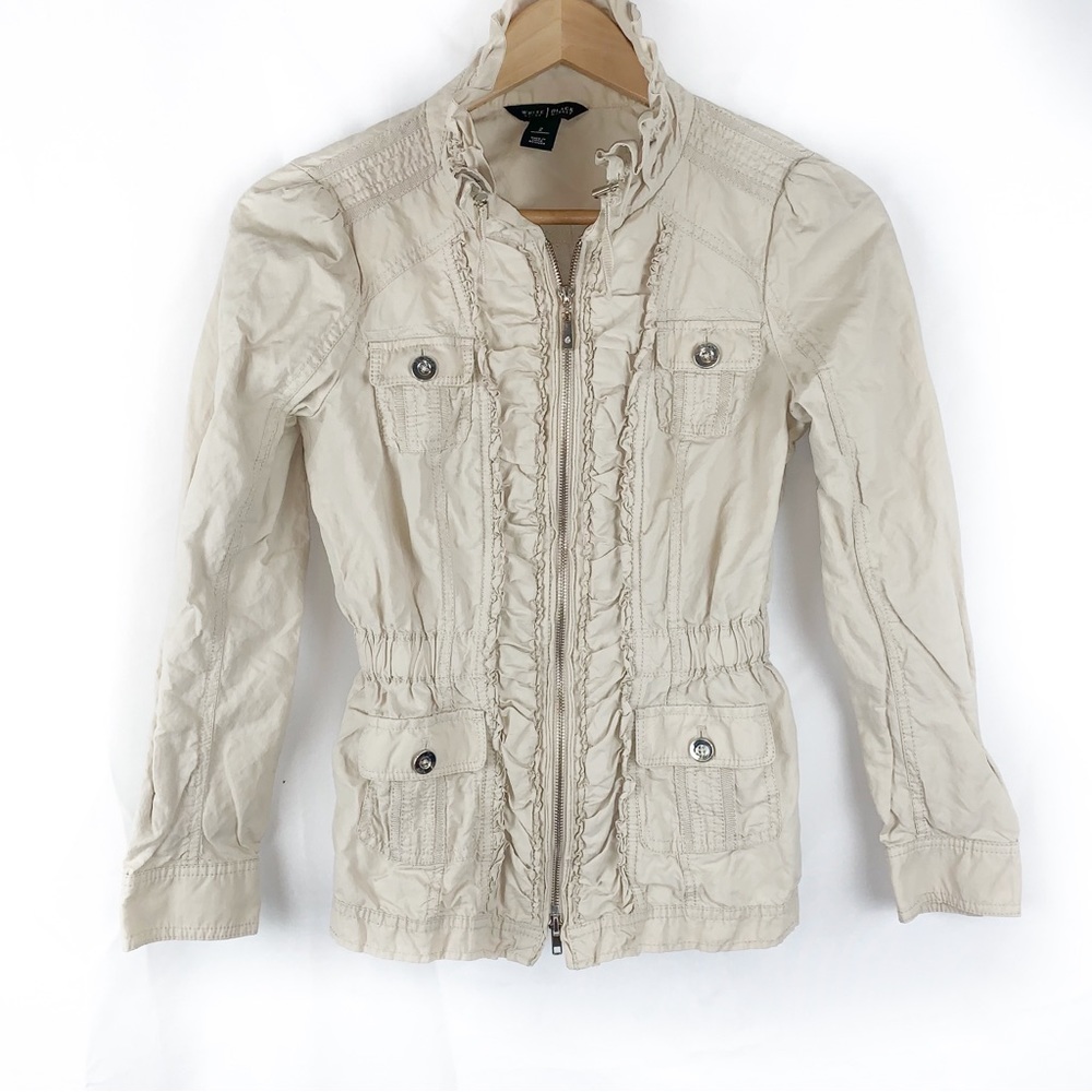 White House Black Market Zip Front Utility Jacket Ruffle Detail